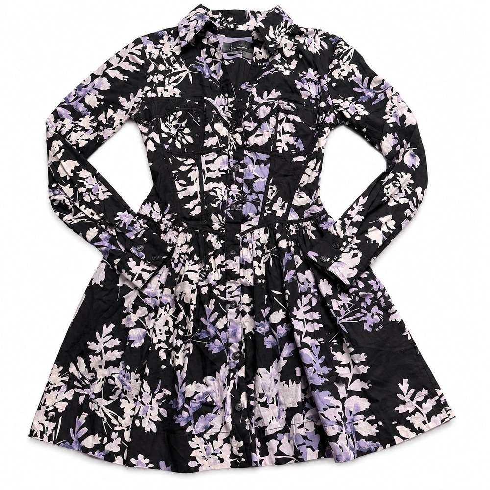 Anthropologie Floral Corset Shirt Dress Black Lavender Long Sleeve Mini Size 0